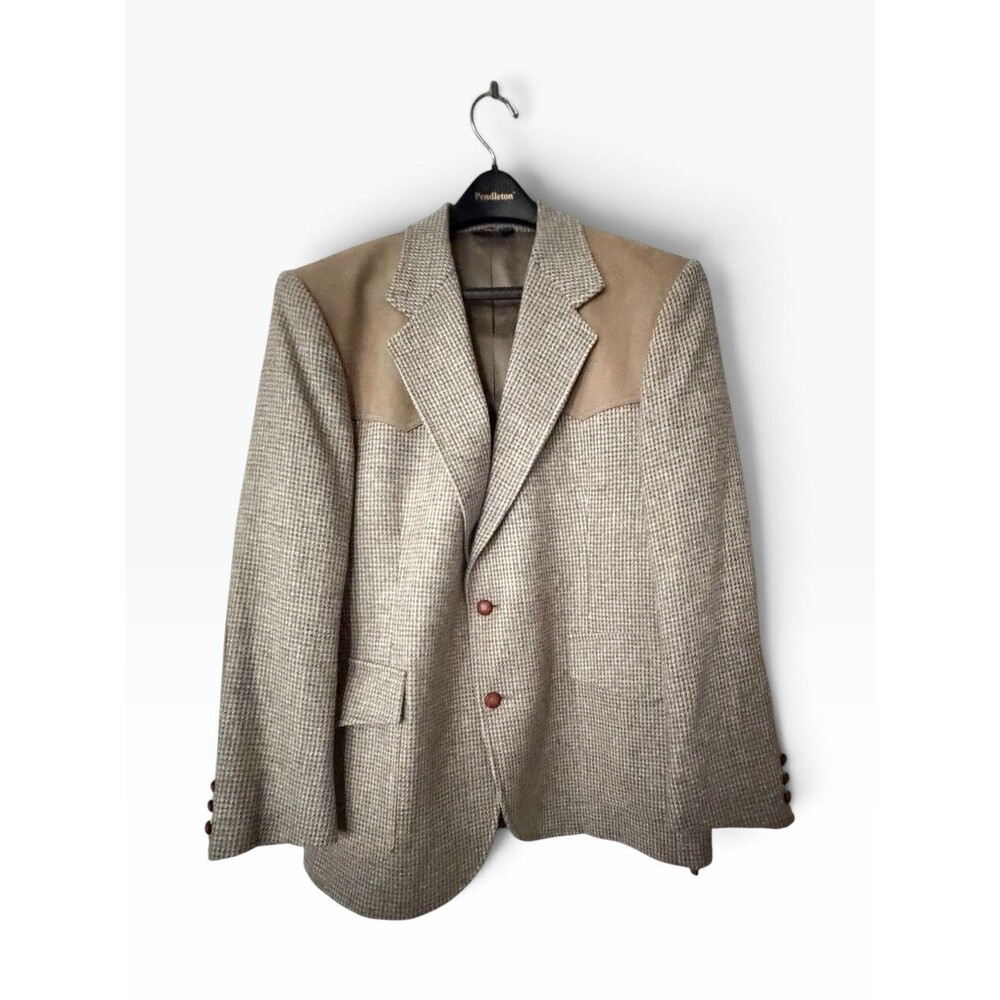 Pendleton Mens 42 Western Wool Leather Houndstooth Tweed Blazer Sport Coat Yoke